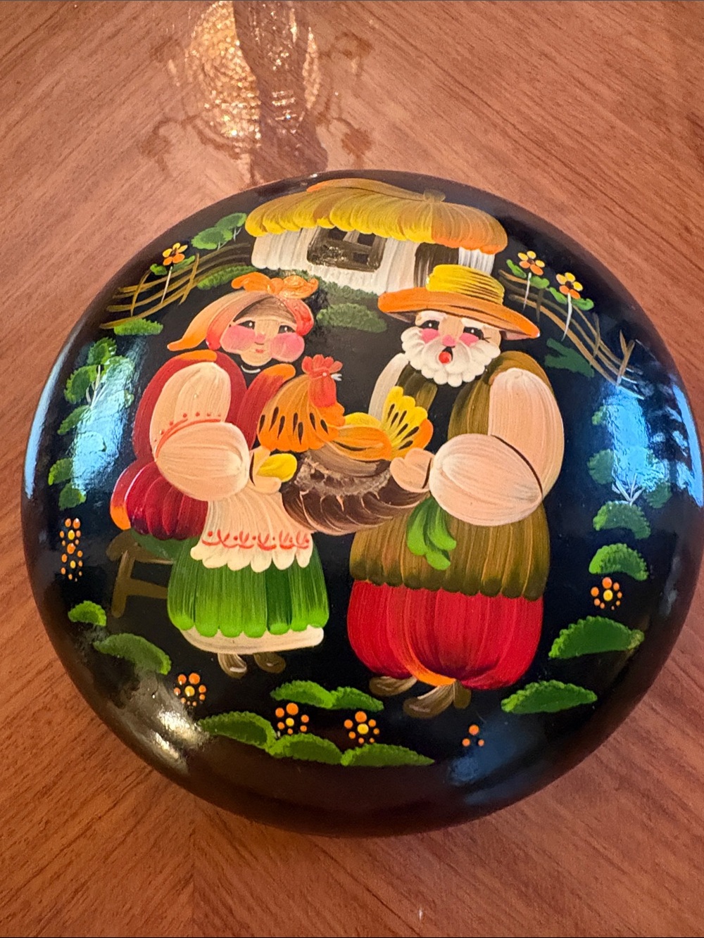 Hand-Painted Folk Art Decorative Round Box - Black with Multicolor Village Scene